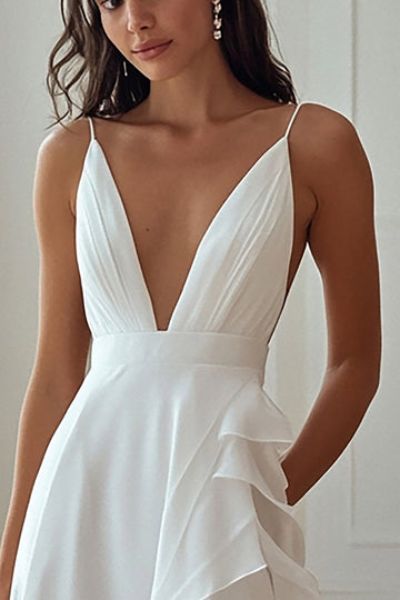 Ivory V-Neck A Line Wedding Dress with Ruffles